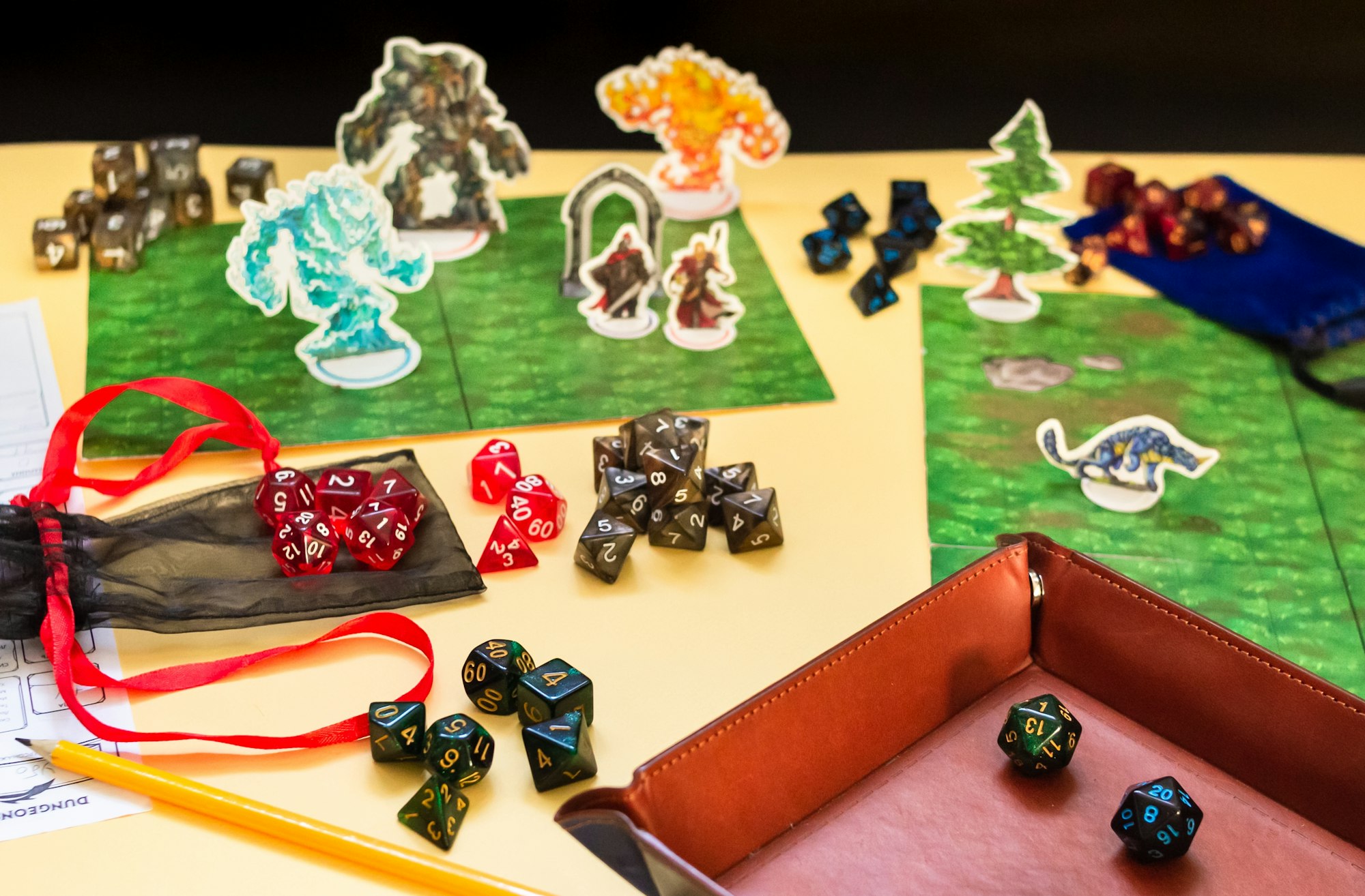 Role-playing game with sets of dices, character sheet, gaming mats, playing pieces and dice tray